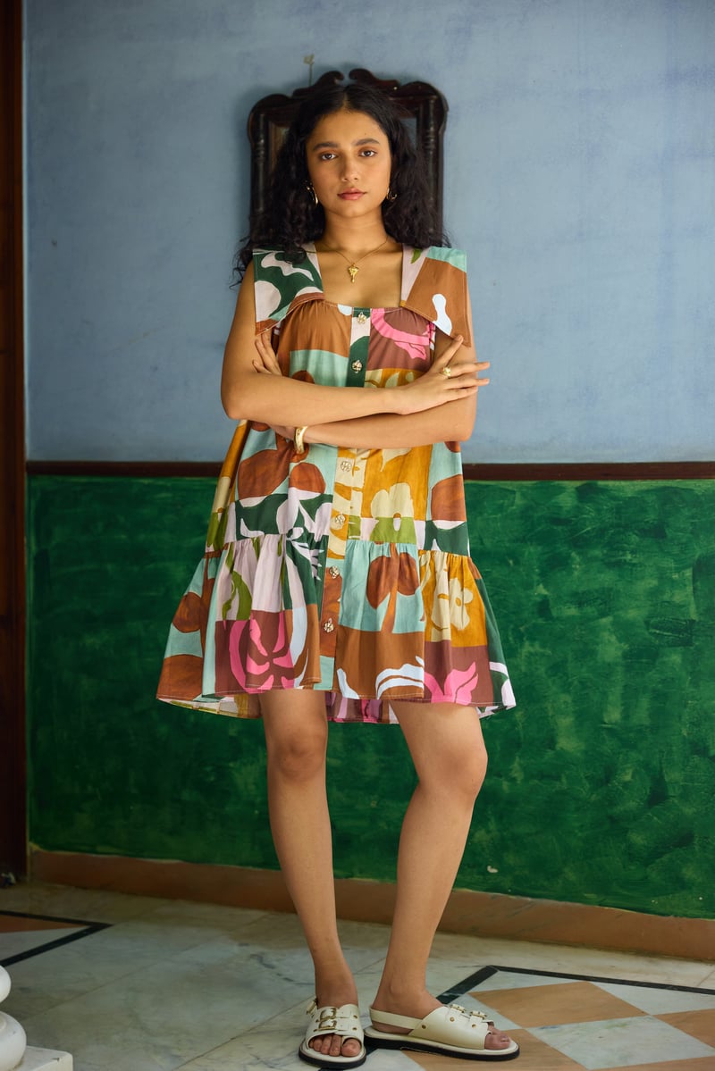 Multicolor Abstract Printed Poplin Tiered Mini Shift Dress