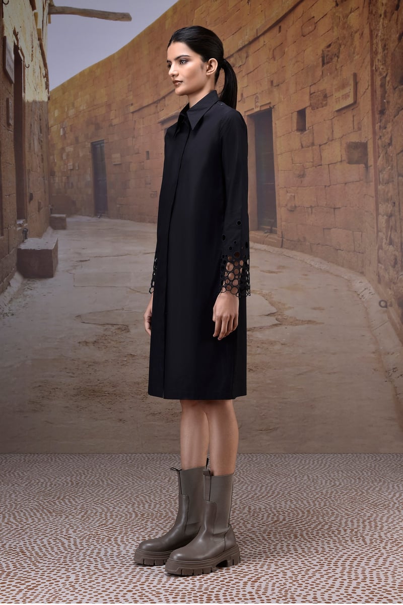 Black Poplin Midi Shirt Dress with Cutwork Sleeves
