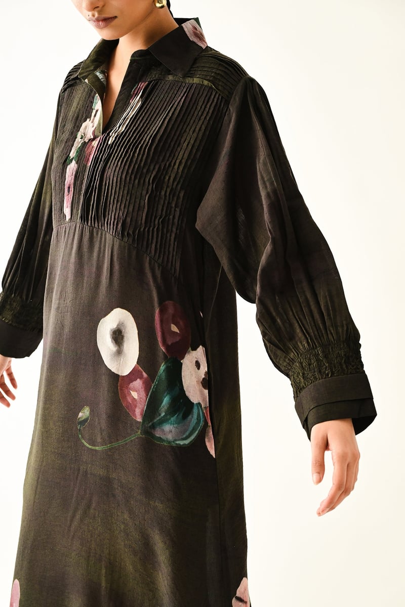 Brown Abstract Floral A-Line Midi Shirt Dress