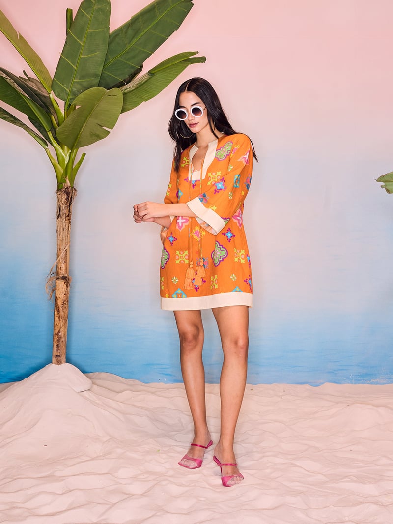 Orange Linen Printed Mini Kaftan Dress with Tie-Up Neck