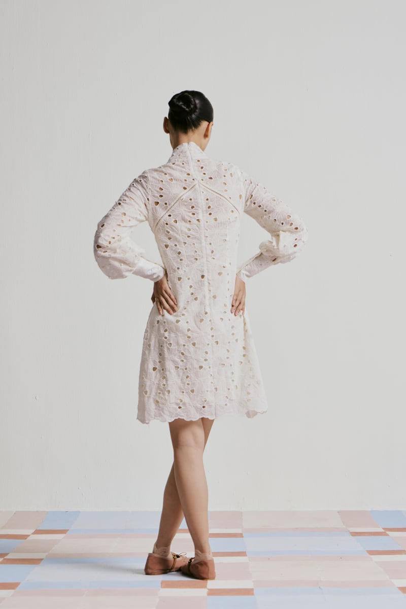 White Lace Mini Dress with Pearl Button Front