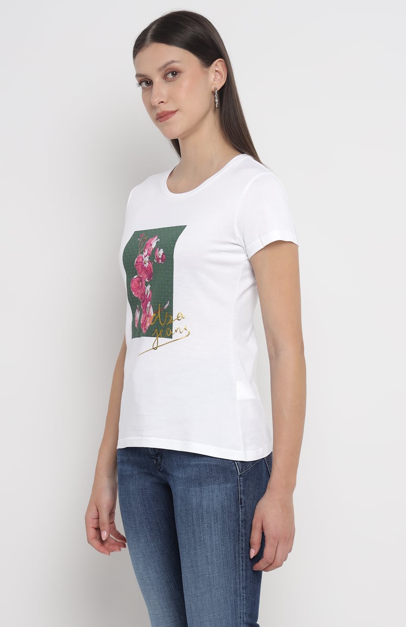 White Cotton Crew Neck T-shirt with Floral Graphic Print