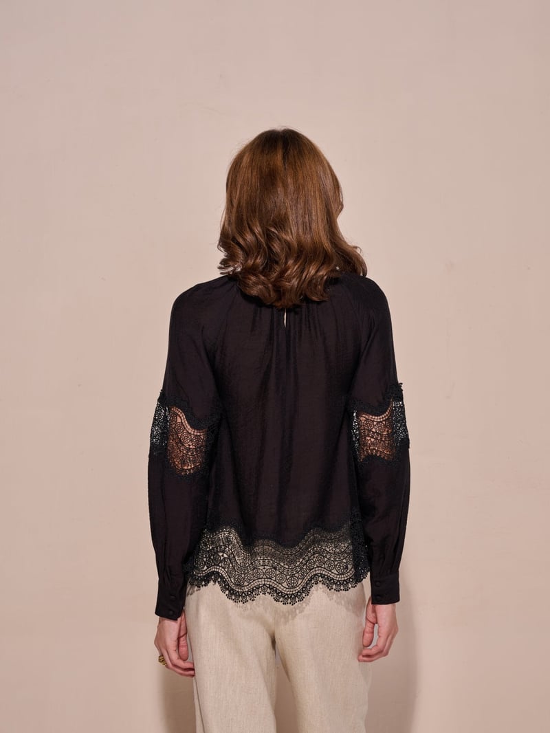 Black Flowy Lace-Detail Top with Full Sleeves