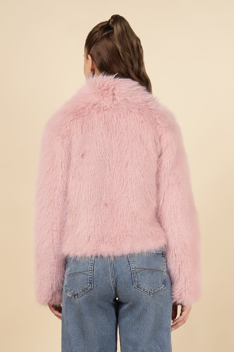 Pink Cropped Faux-Fur Jacket with Lapel Collar