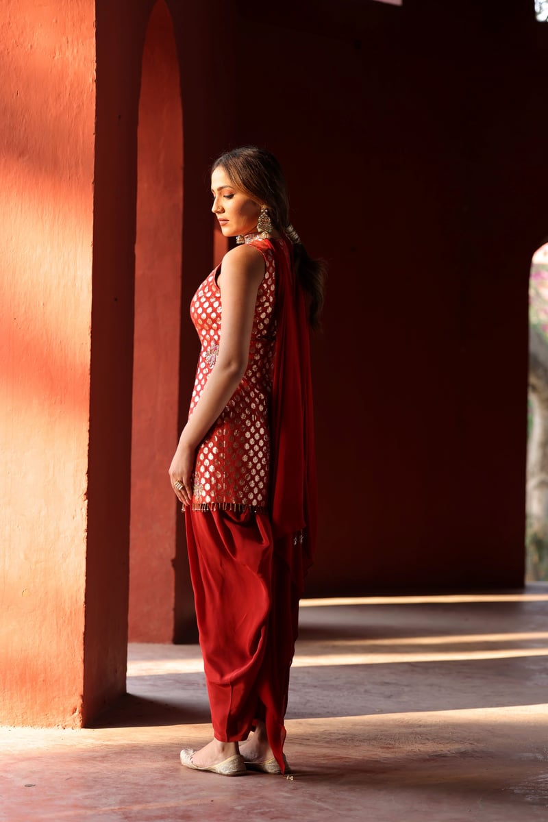 Red Chanderi Silk Suit