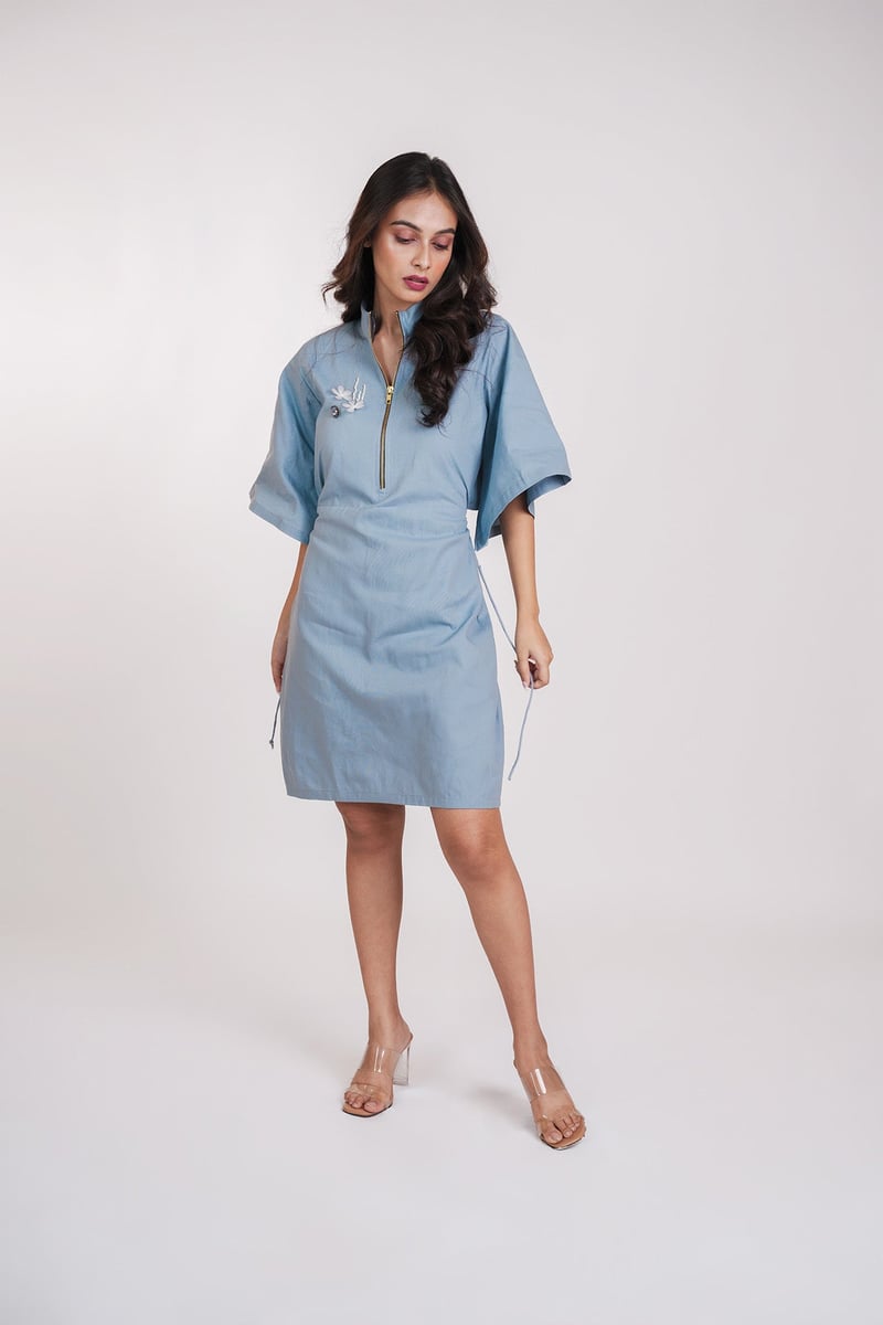 Blue Zip-Neck Mini Dress with Open Back and 3D Floral — 9899