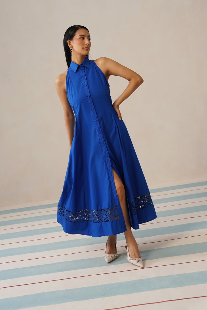 Blue Halter Collared Button-Down Midi Dress