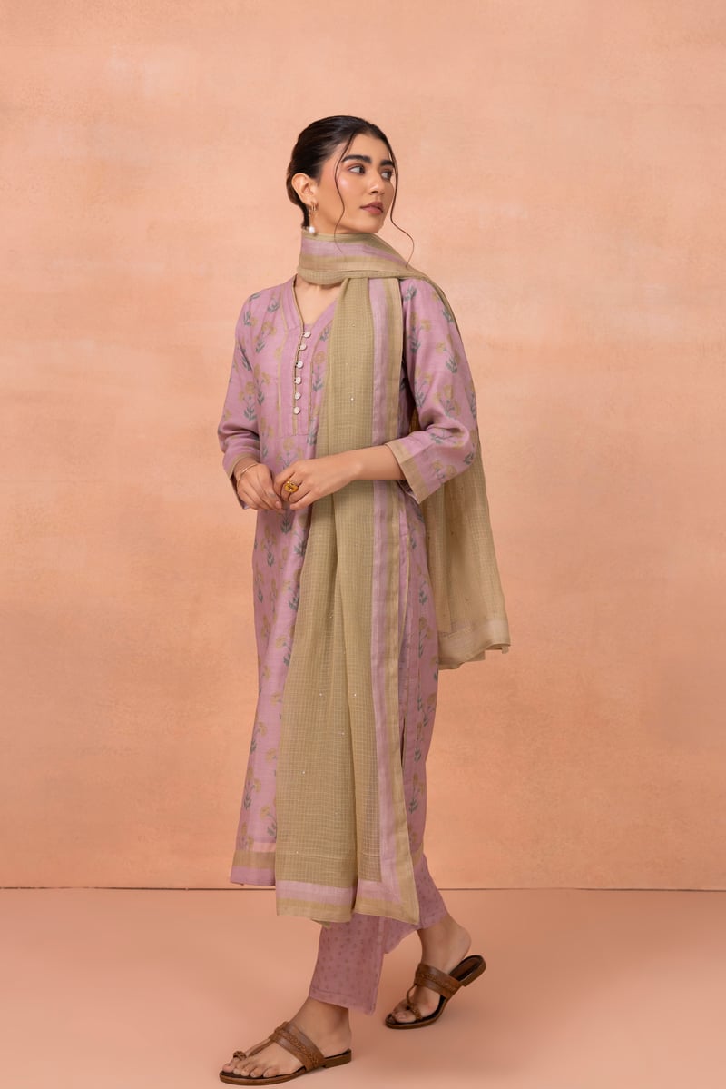 Purple Floral Printed Straight Kurta Set with Dupatta