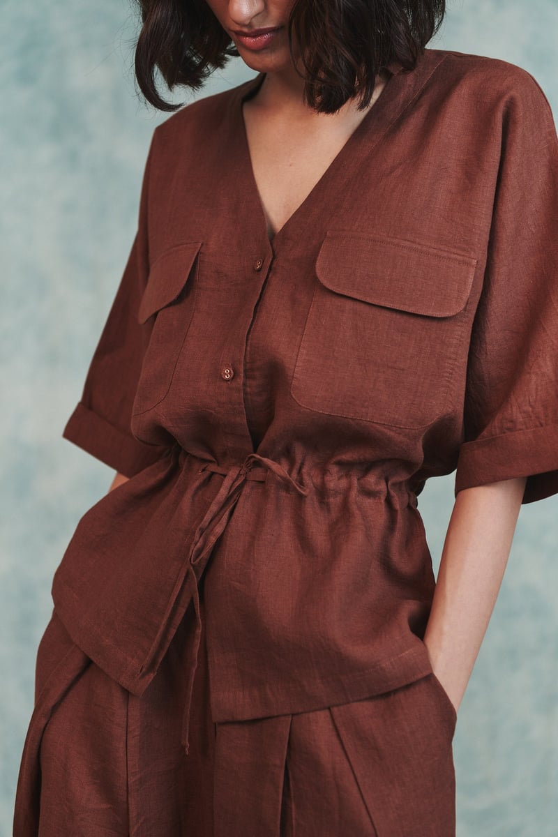 Linen Drawstring Shirt & Pleated Tuck Pants Set