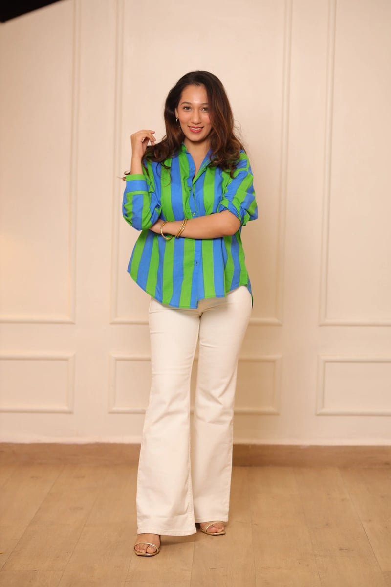 Blue/Green Striped Relaxed-Fit Cotton Shirt