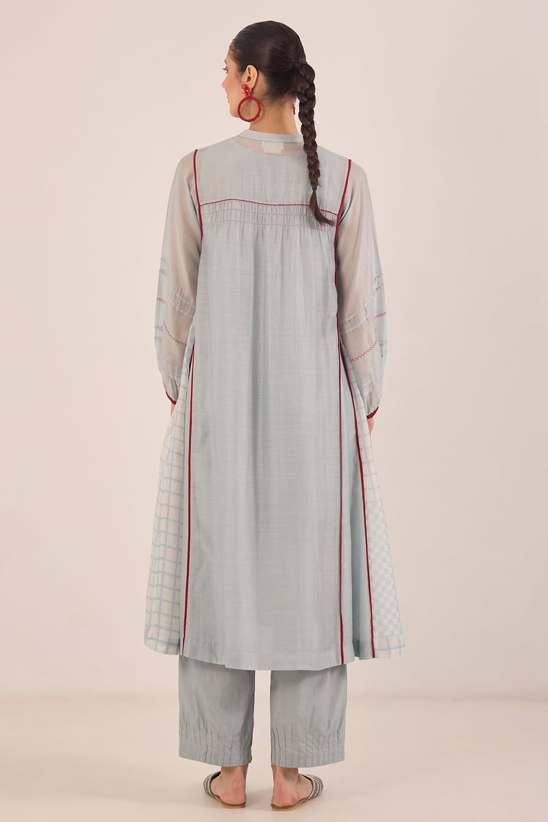Powder Blue Chanderi Kali Kurta Set with Red Piping