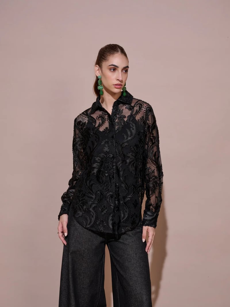 Black Sheer Mesh Button-Down Shirt with Velvet Jacquard