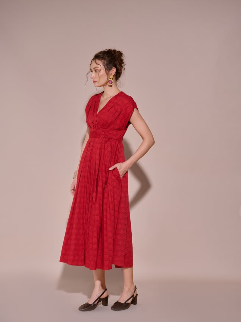 Red Textured Fit and Flare Midi Dress with Waist Sash
