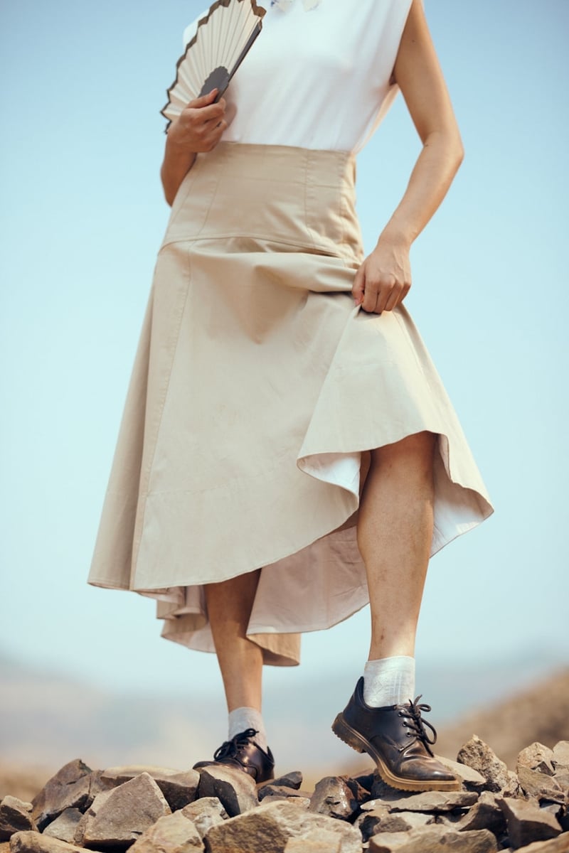 Tan High-Waist High-Low Midi Cotton Twill Skirt