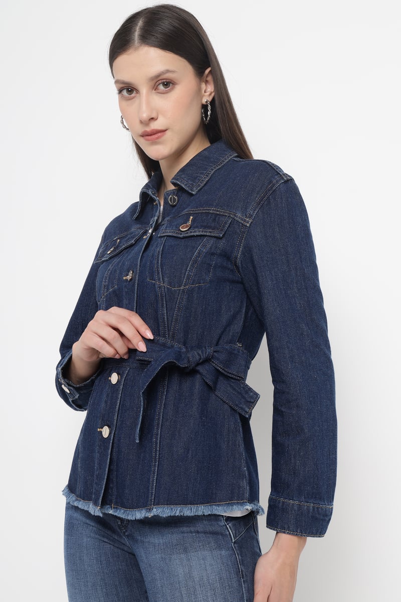 Blue Denim Belted Button-Through Blouse