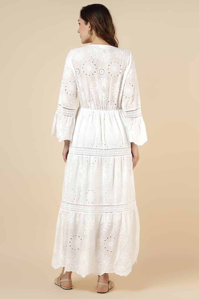 Ekru Tiered Cutwork Maxi Dress with Embellished V-Neck