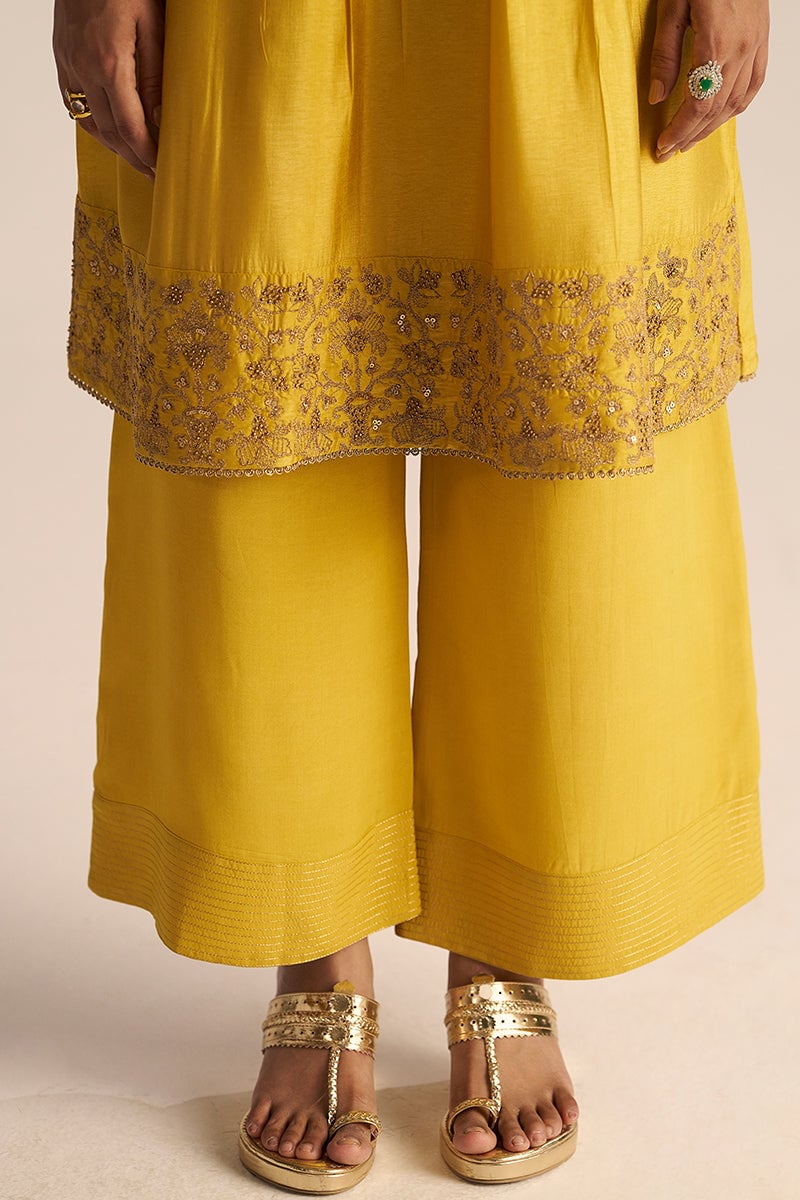 Bamboo Yellow A-Line Kurta Set with Zari Border