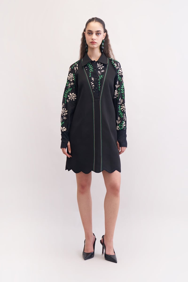Black Lace Sleeve Mini Shirt Dress