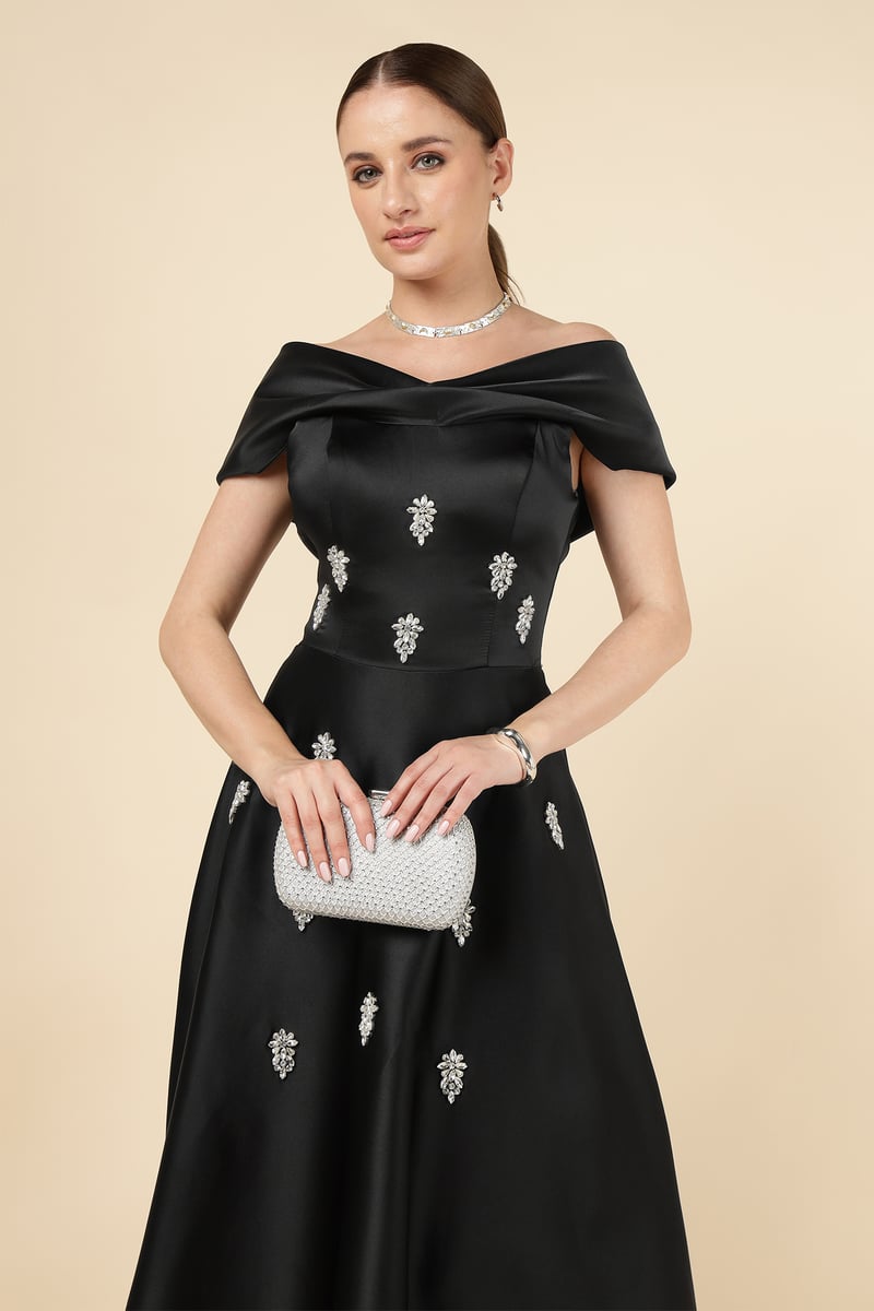 Black Off-Shoulder Embellished Maxi Gown