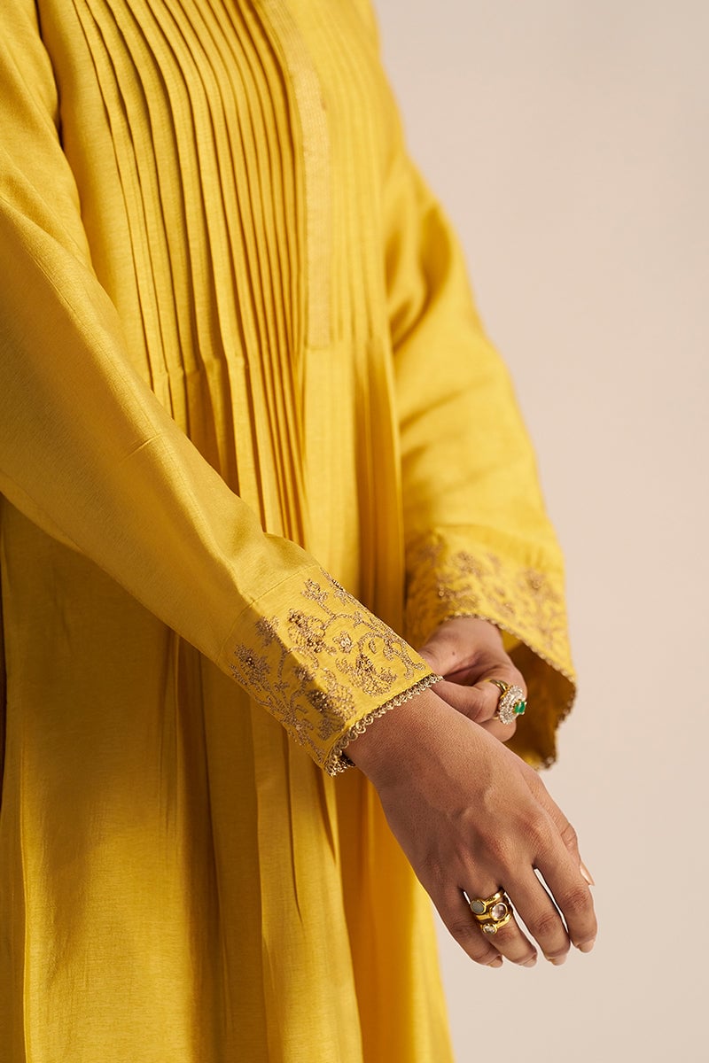 Bamboo Yellow A-Line Kurta Set with Zari Border