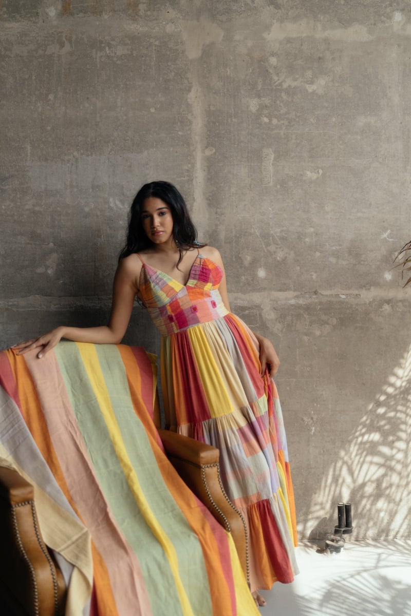 Multicolor Colorblocked Tiered Maxi Dress with Embroidery