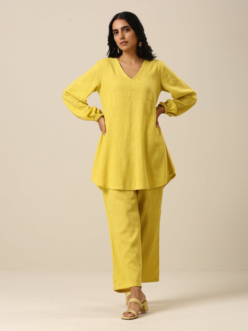 Lime Green Slub Textured Co-ord Set with V-Neck Top