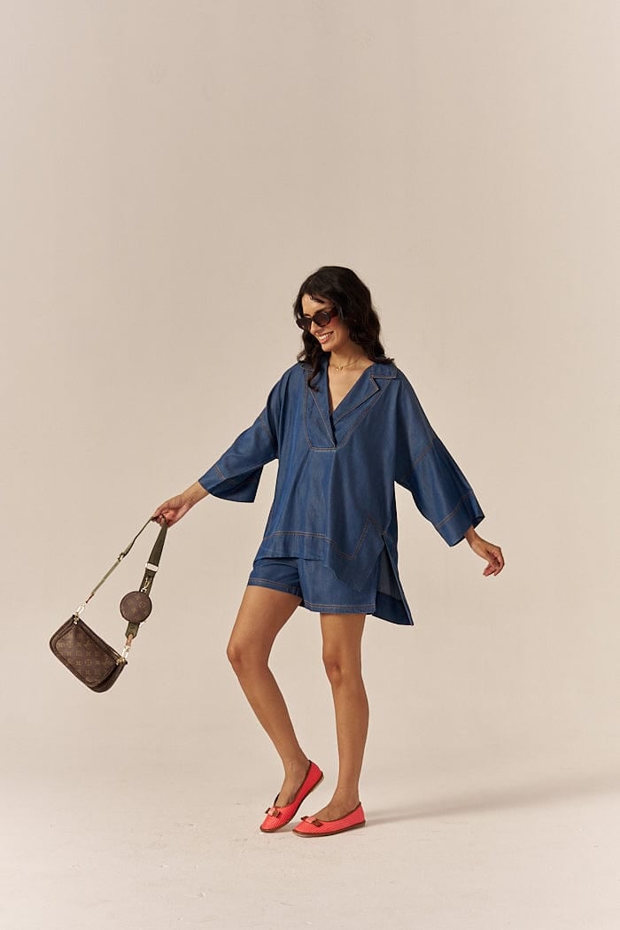Blue Lapel Shirt and Mid-Rise Shorts Co-ord Set