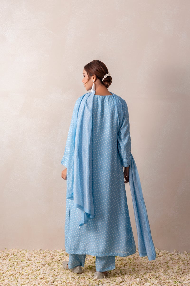 Pastel Blue Bandhani Print Straight Kurta Set with Smocking