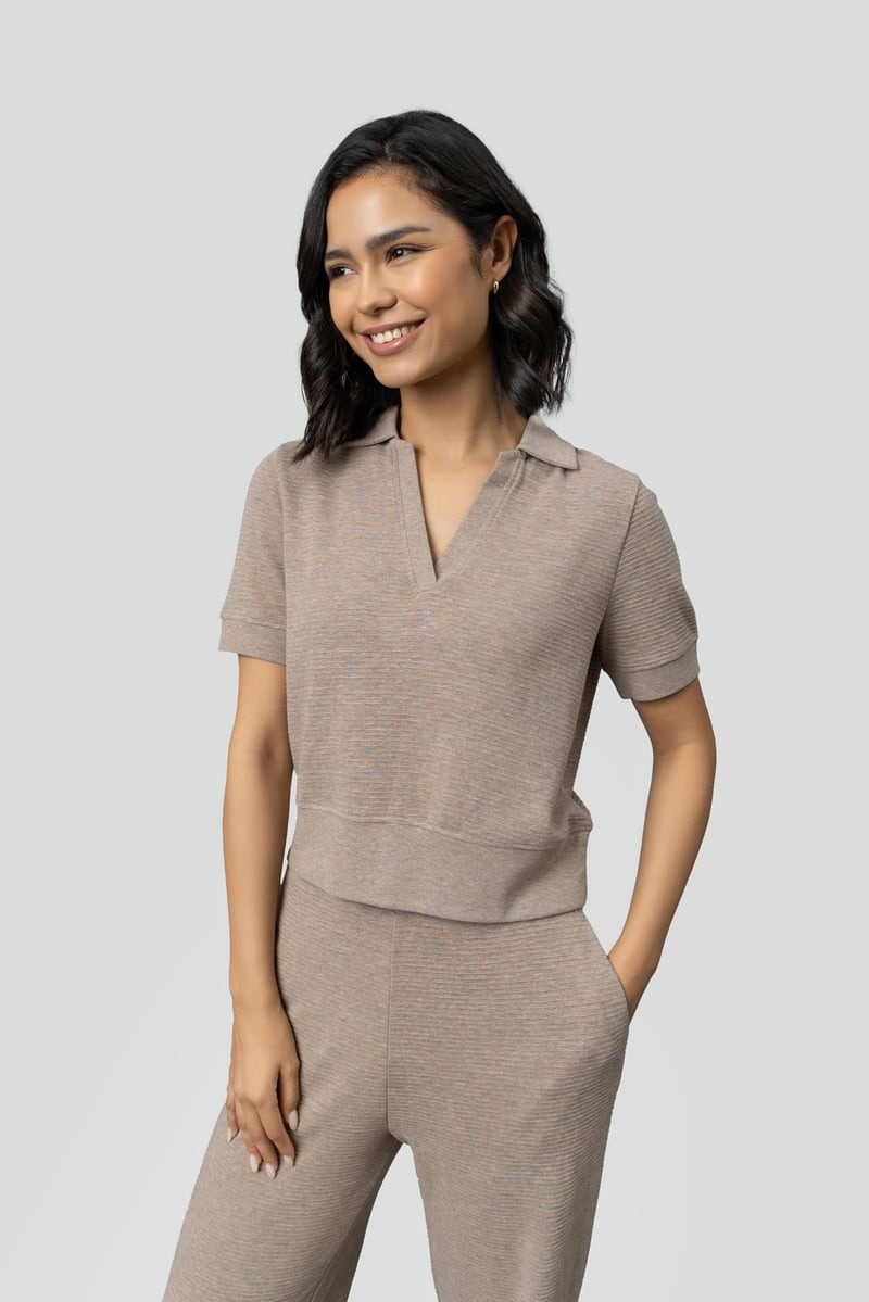 Beige Ottoman Rib Cropped Polo Top