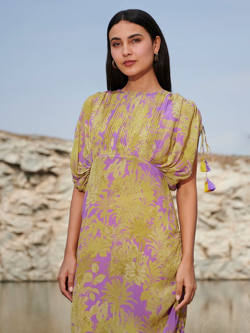 Purple and Yellow Printed Crepe Midi Dress
