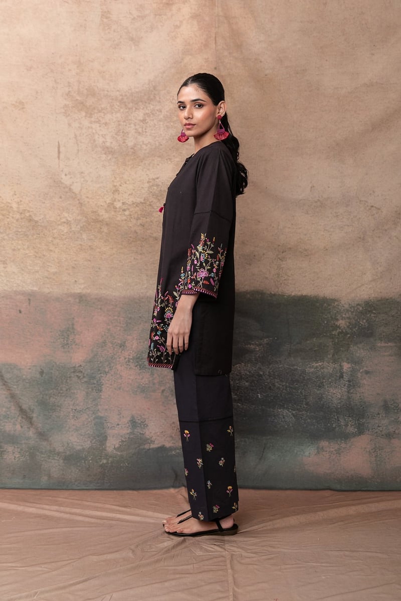 Black Embroidered Tunic and Wide-Leg Pants Co-ord Set