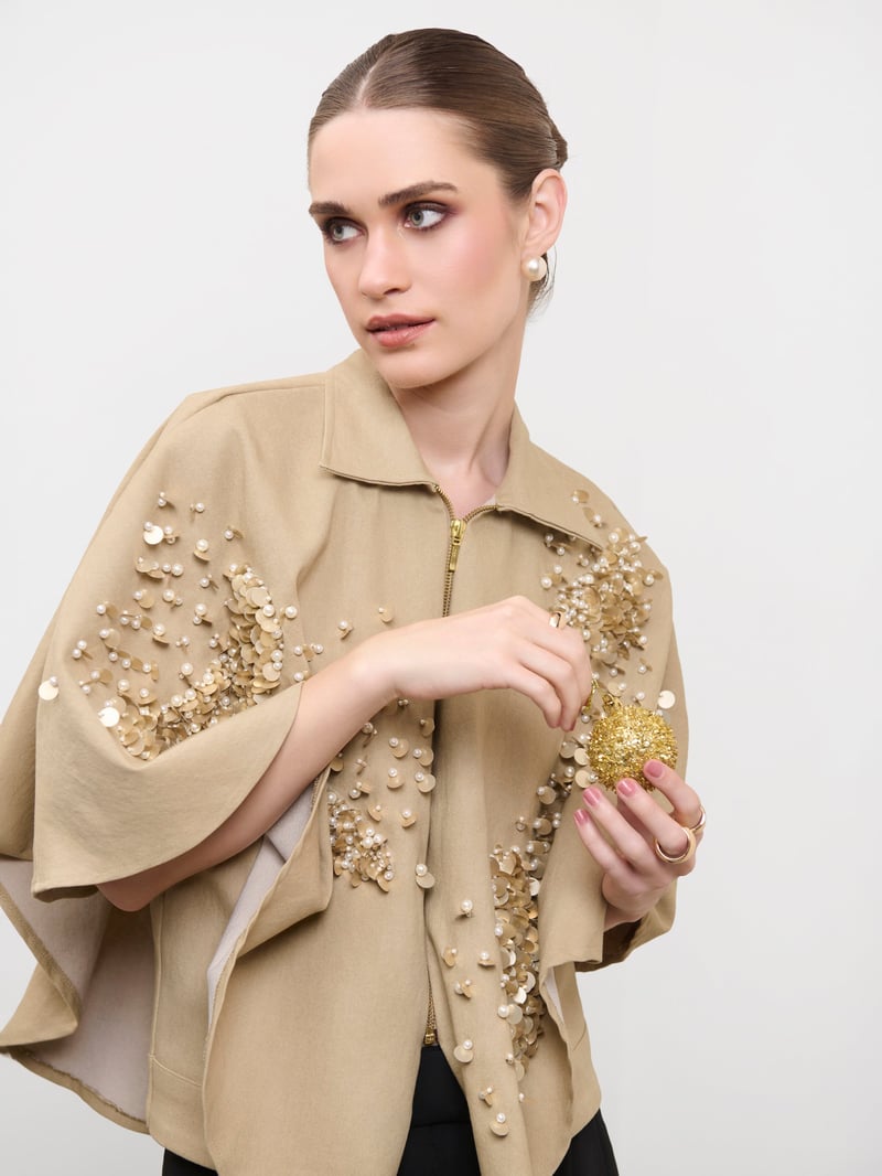 Beige Denim Sequin and Pearl Cropped Cape Top