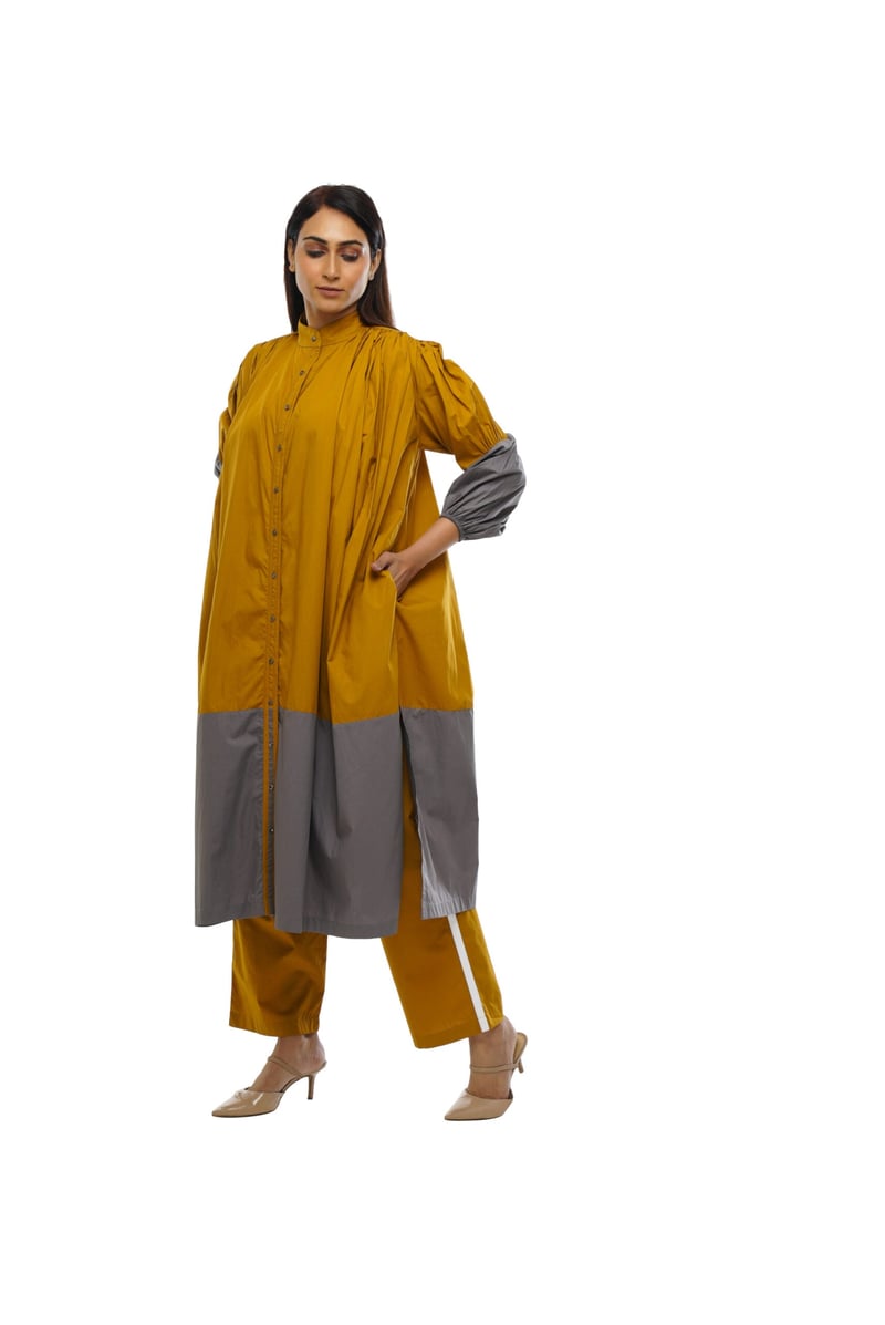 Mustard and Grey Colorblocked Midi Shirt Dress
