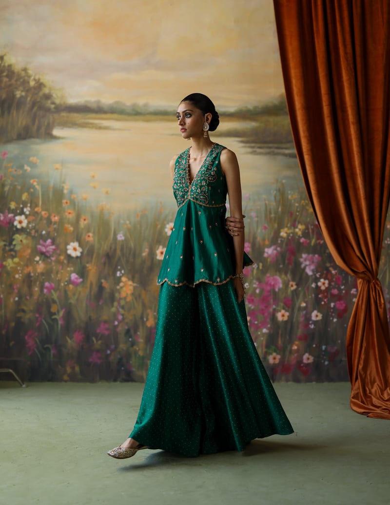 Emerald Green Embroidered Peplum Sharara Set with Dupatta