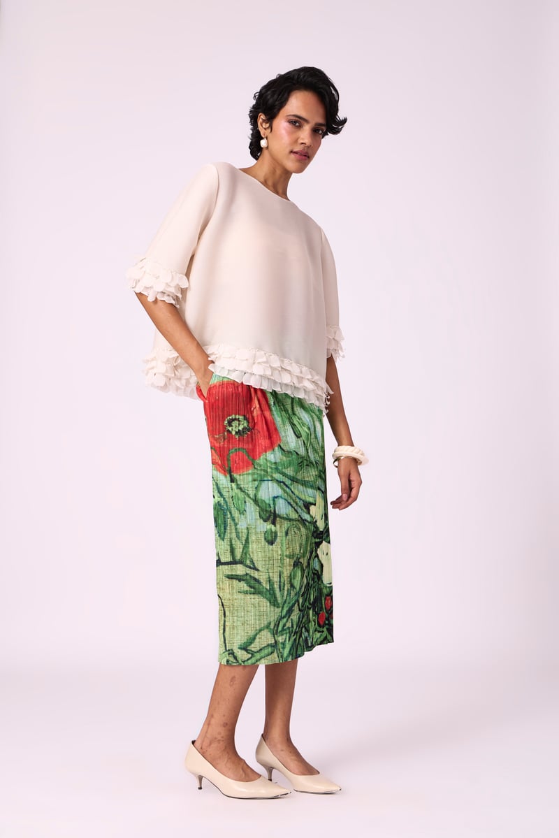Ivory Pleated A-Line Top with Organza Scallop Hem