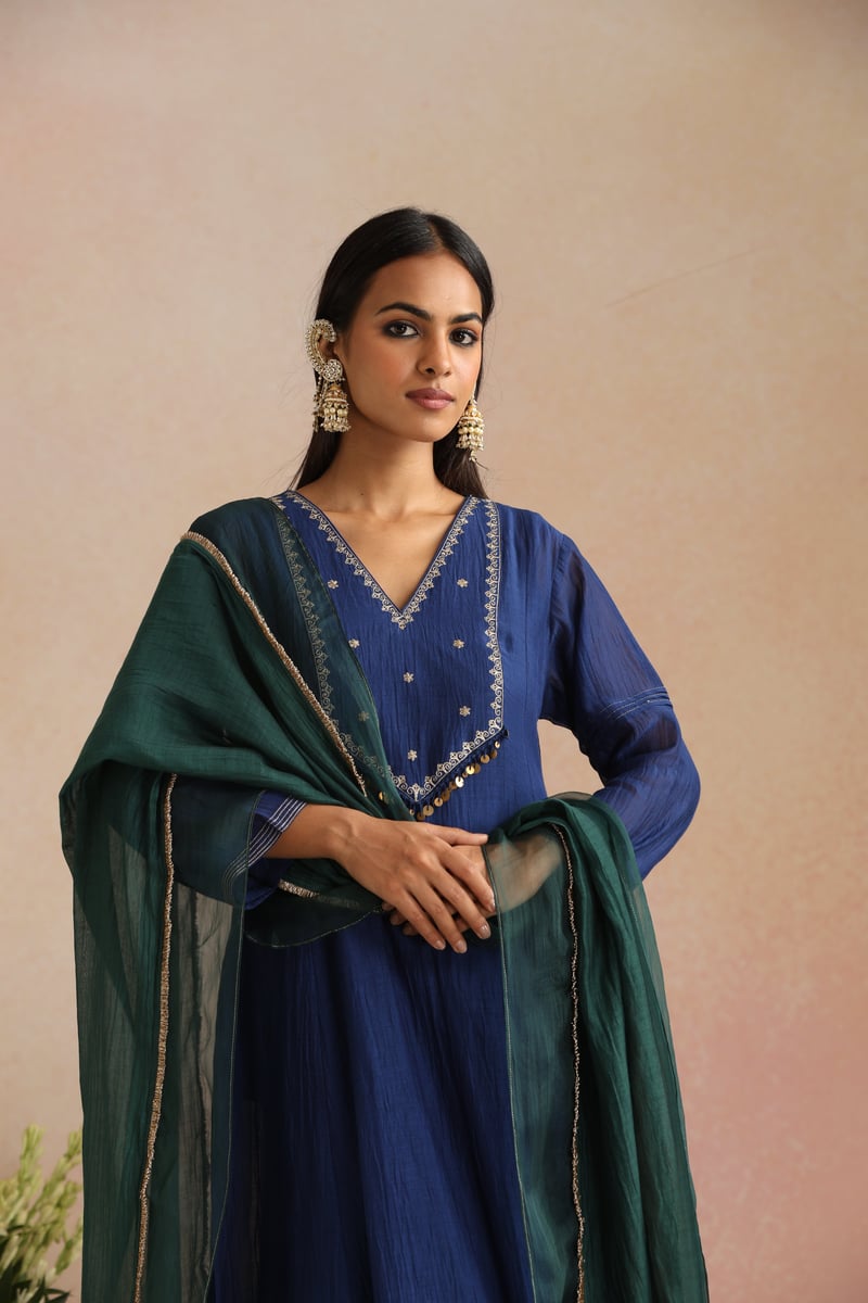 Royal Blue Silk Chanderi Embroidered Kurta Set — Trendy Tokari