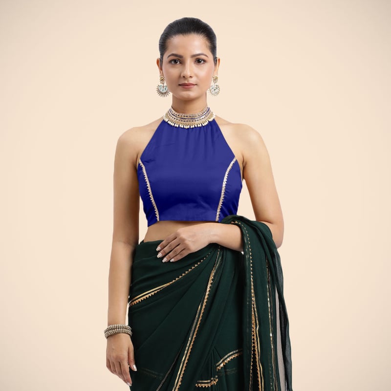 Cobalt Blue Halter Neck Gota Patti Saree Blouse