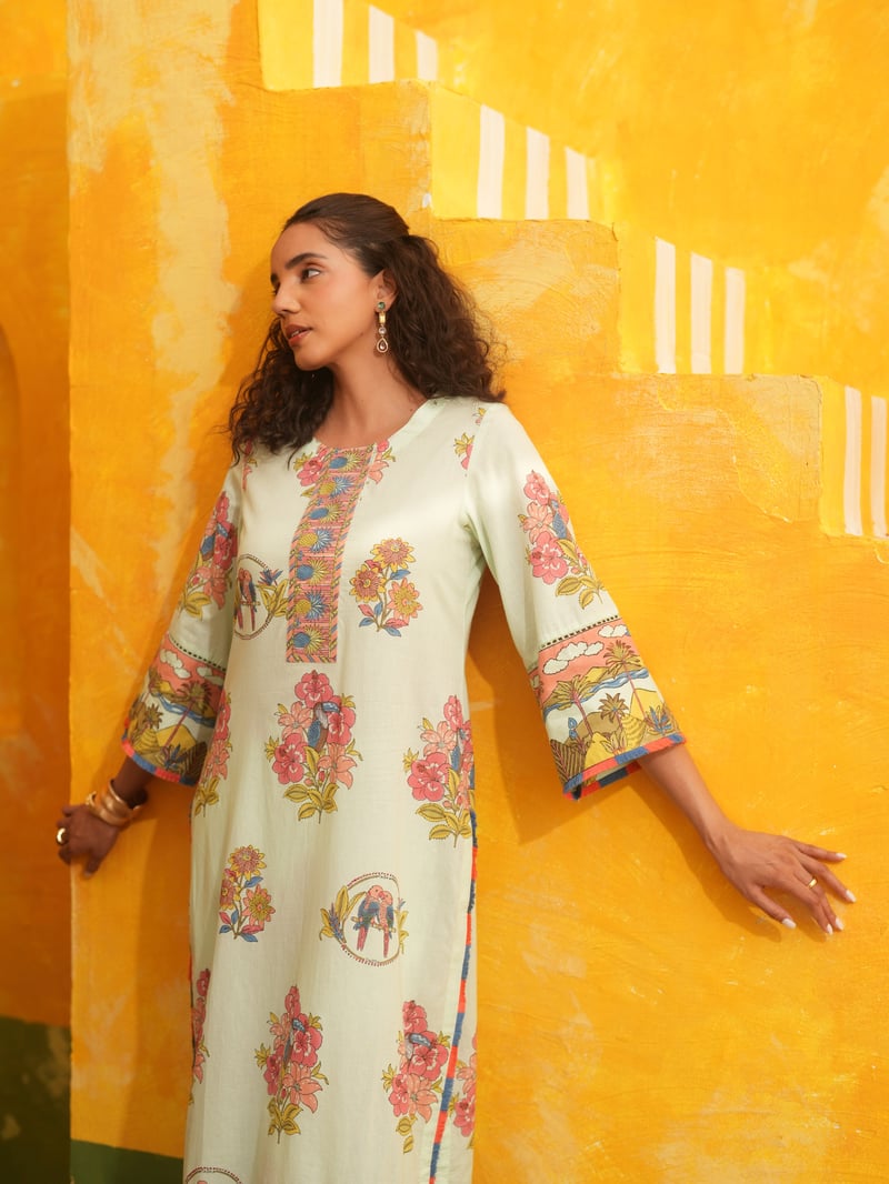 Cool Mint Tropical Print Straight Kurta Set with Pants