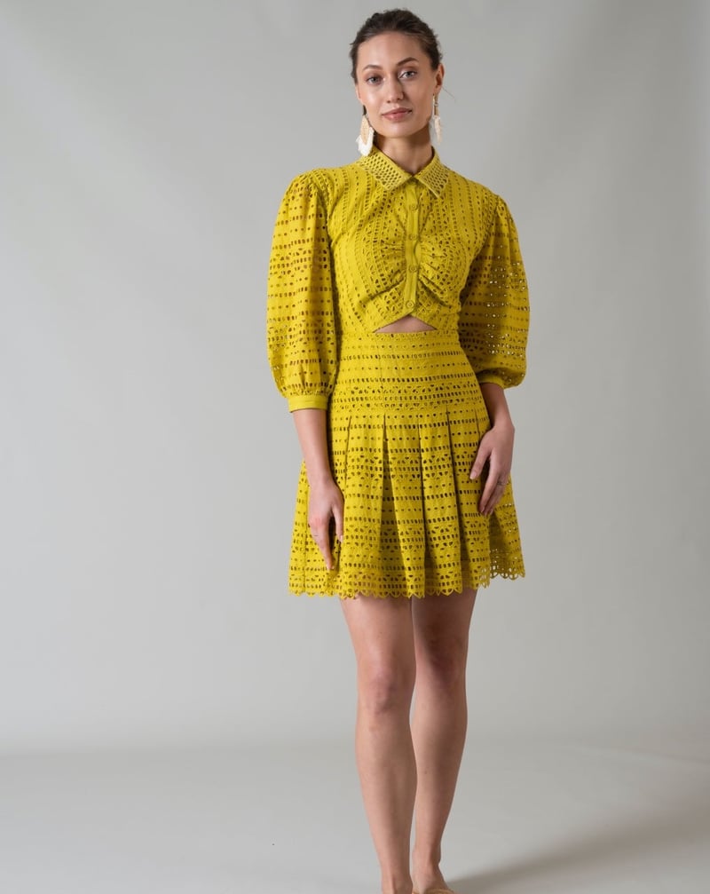 Lime Green Schiffli Cutwork Fit and Flare Mini Dress
