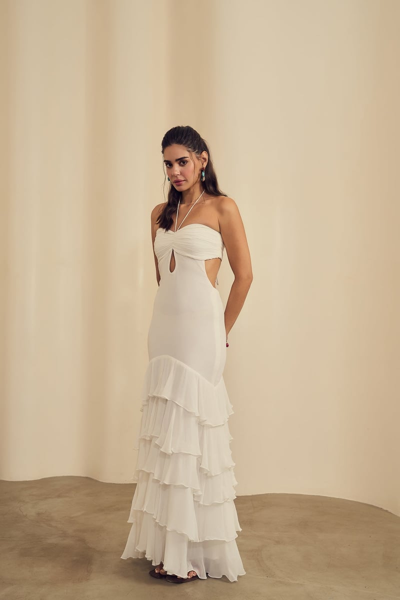 White Sweetheart Cut-Out Maxi Gown with Lace-Up Back — LABEL FROW