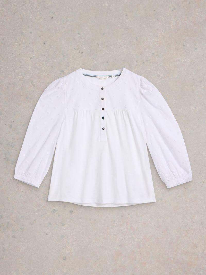 Pale Ivory Dobby Top with Puff 3/4 Sleeves