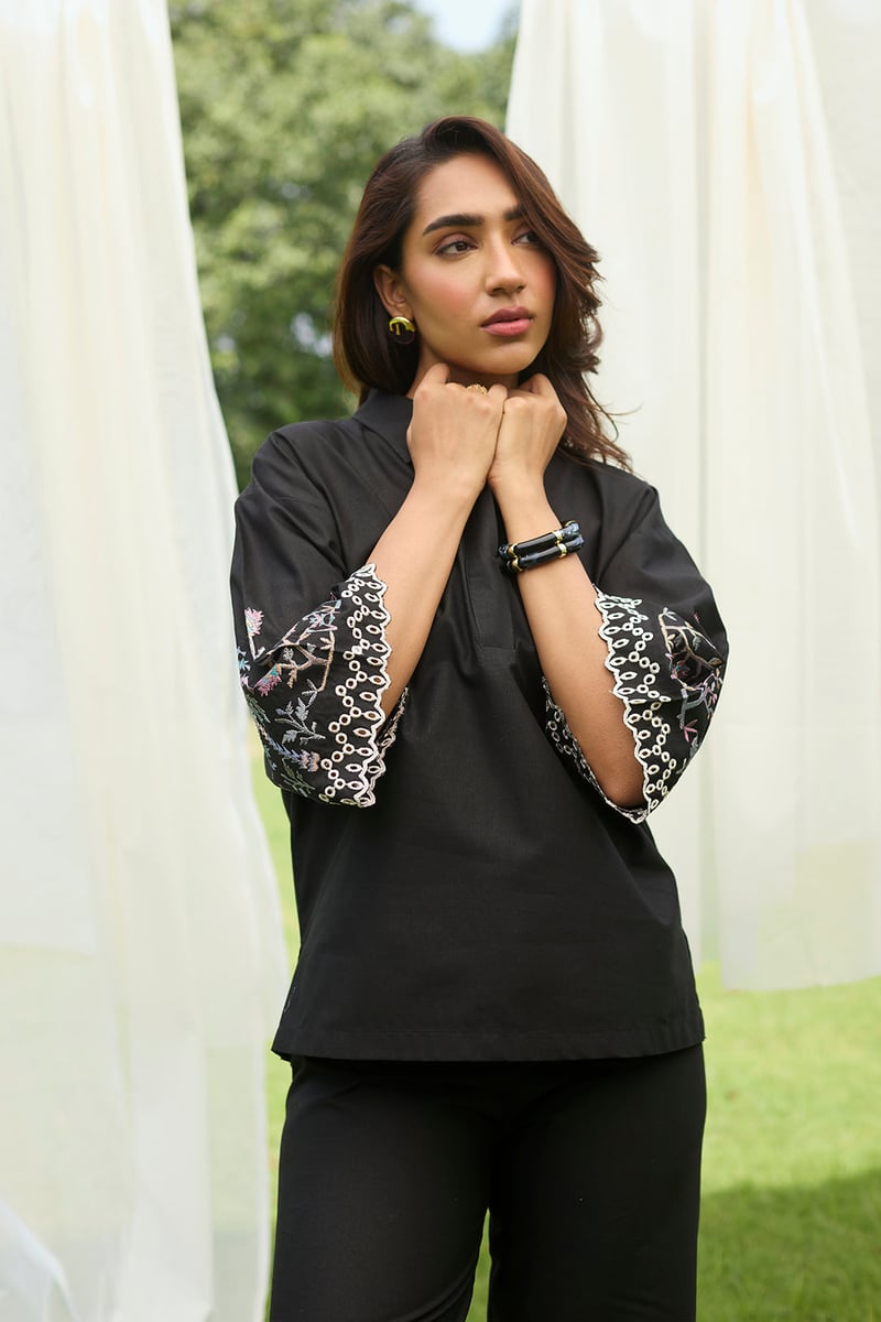 Black Embroidered Co-ord Set with Wide-Leg Pants