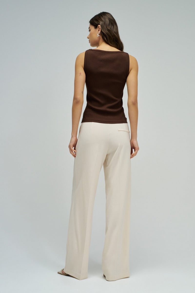 Medium Brown Ribbed Stud-Trim Scoop Neck Tank Top