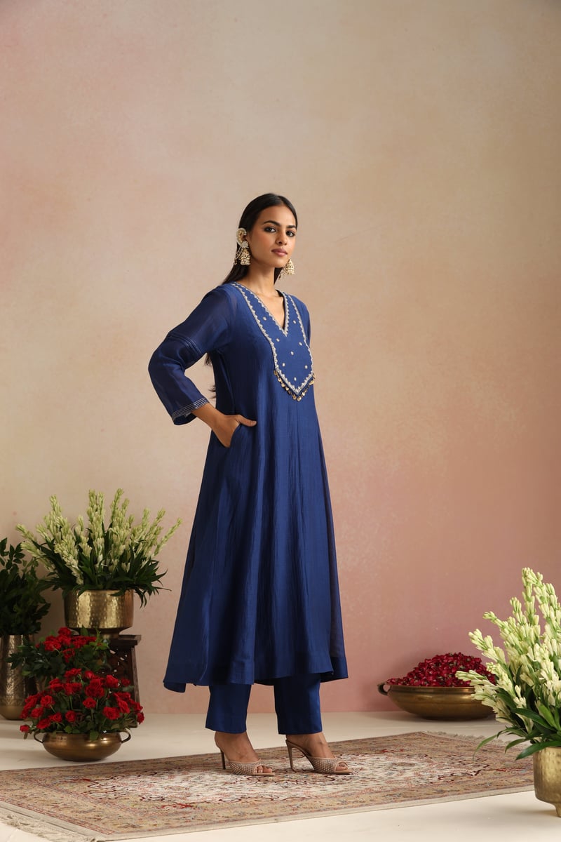 Royal Blue Silk Chanderi Embroidered Kurta Set