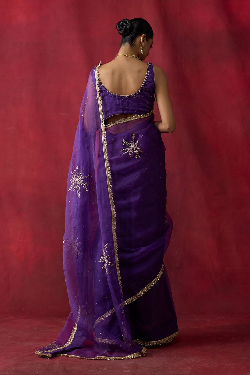 Purple Silk Organza Embroidered Saree Set with Blouse