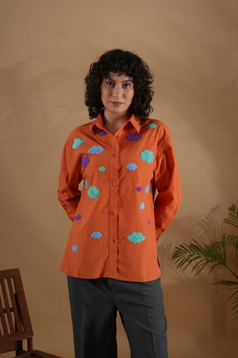 Orange Cotton Comfort-Fit Embroidered Shirt — Brand New Brand
