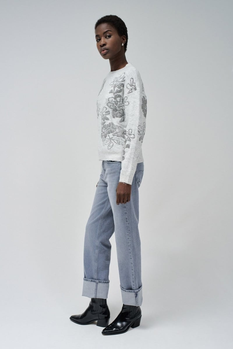 Medium Grey Floral Jacquard Jumper with Subtle Shimmer