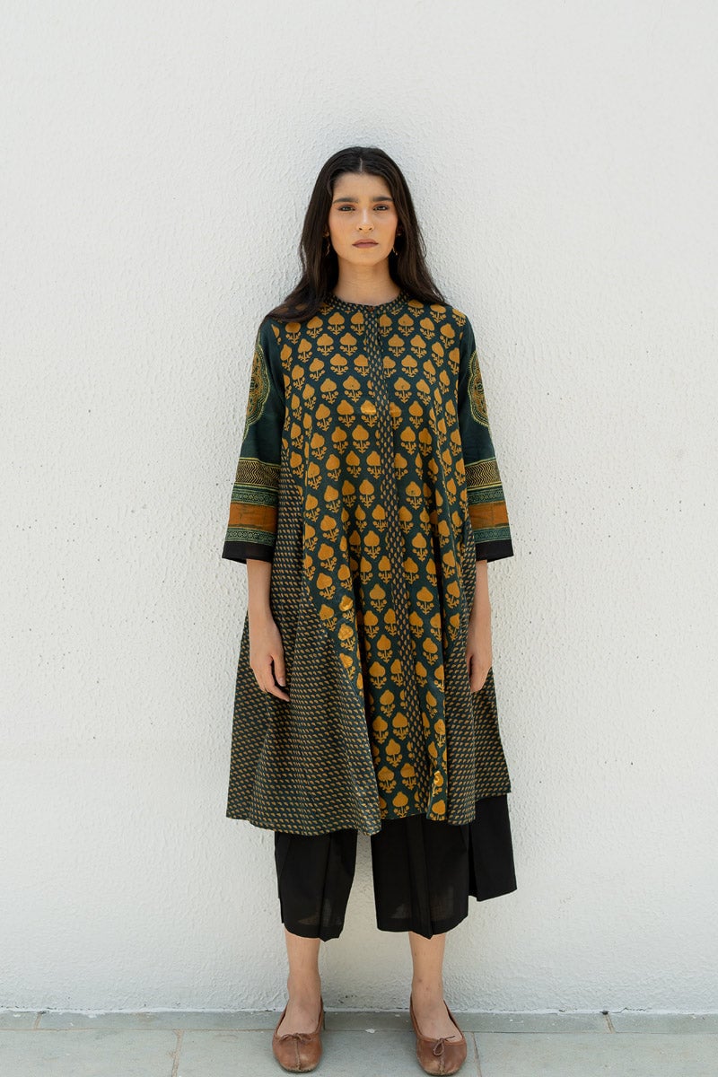Forest Green A-Line Cotton Block Print Kurta