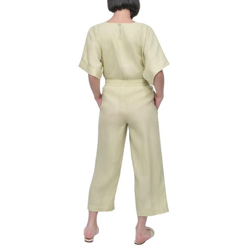 Tea Green Linen Wide-Leg Cropped Drawstring Trousers