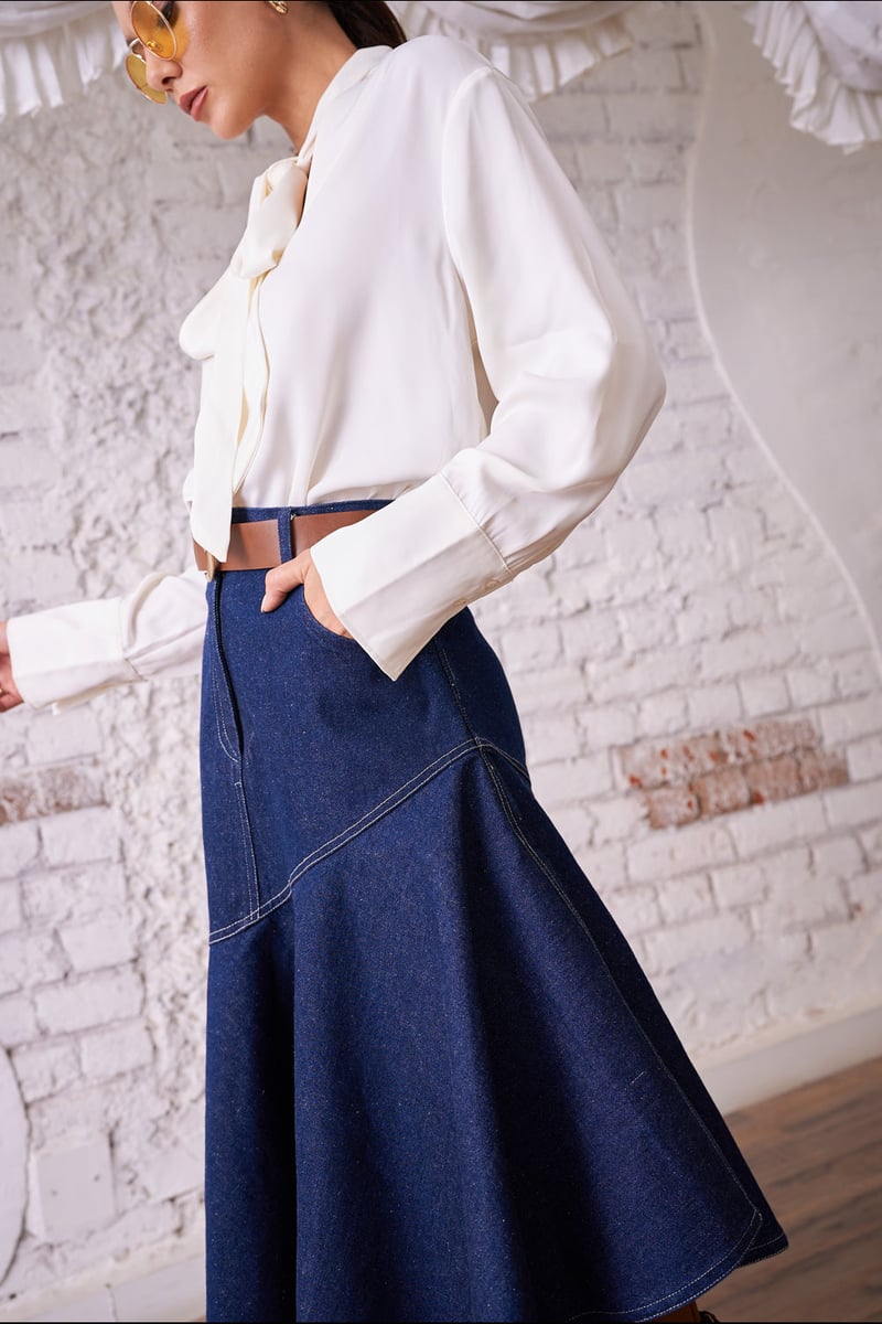 Dark Blue Denim A-Line Midi Skirt with Diagonal Ruffle Hem